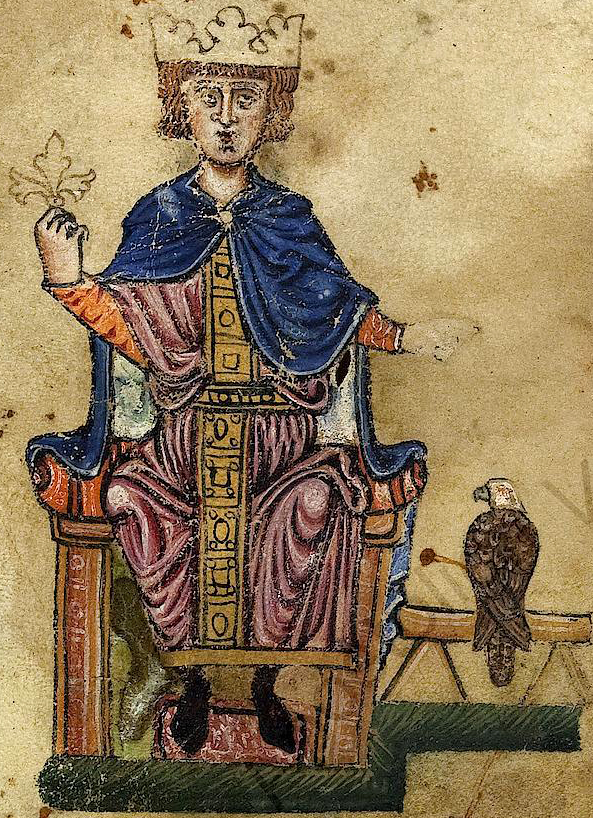 Frederick II with an eagle, depicted in a 13th-Century manuscript of De Arte Venandi Cum Avibus